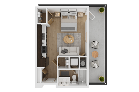 A top-down view of a small, neatly organized apartment with a kitchen, living room, and bathroom  at Spyglass Hill Apartments, Bremerton, 98337